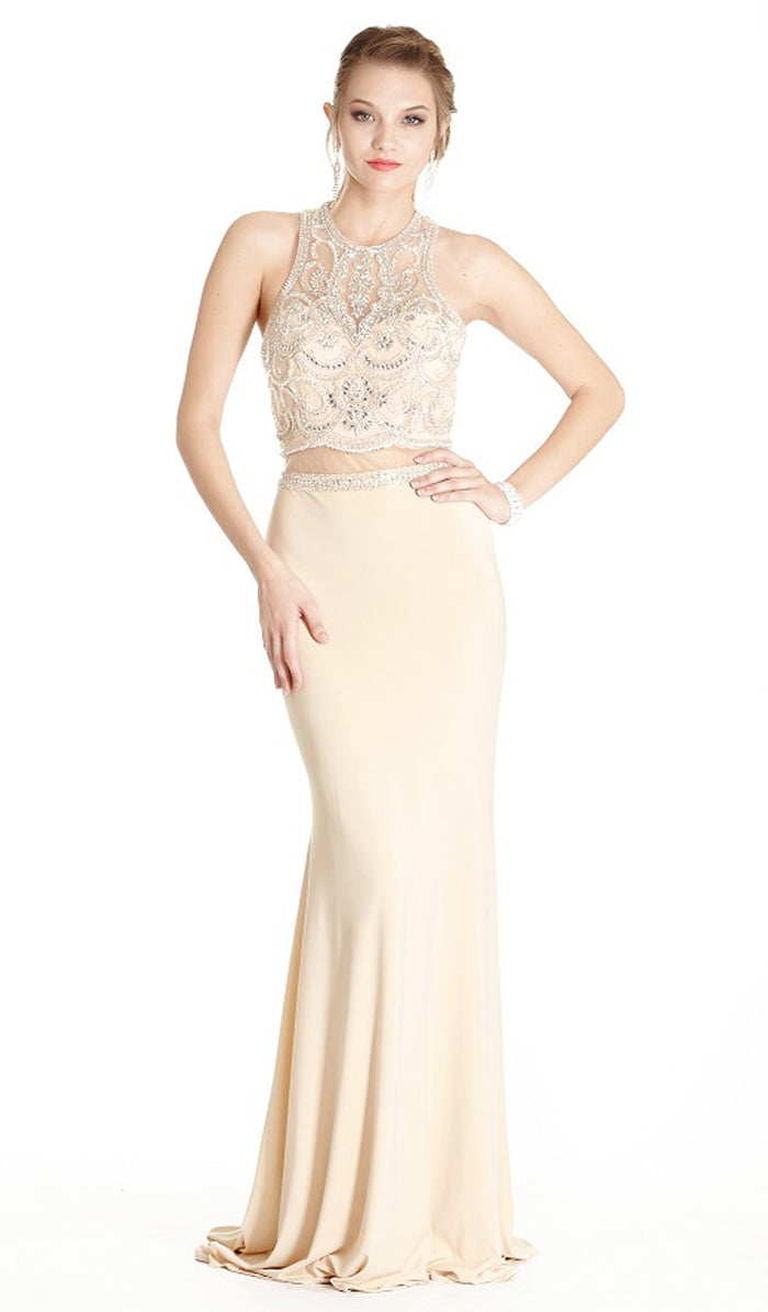 Bedazzled Mock Two Piece Sheath Prom Dress