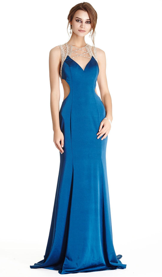 Embellished Illusion Jewel Neck Evening Dress