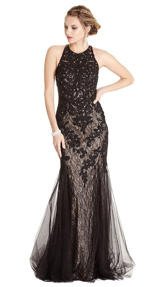 Jewel Embroidered Halter Trumpet Evening Dress