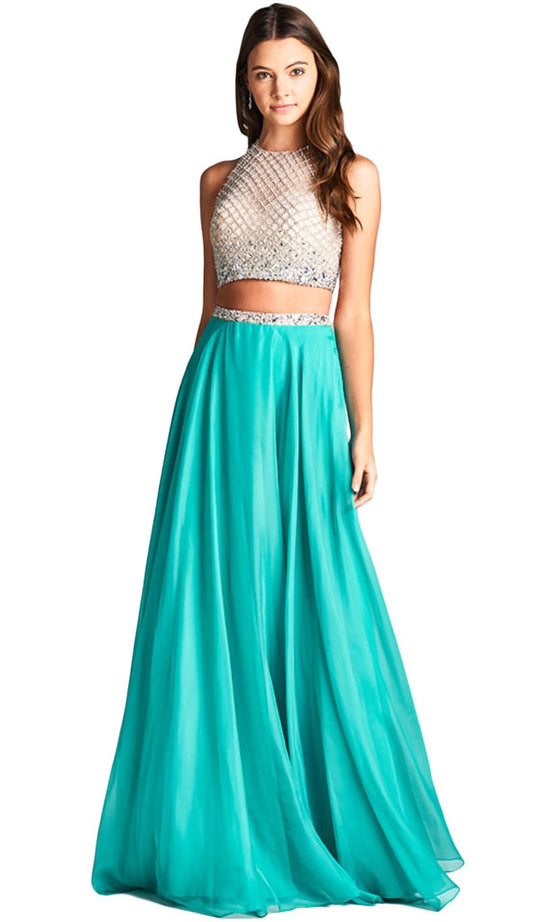 Two Piece Embellished Halter Neck Prom Dress