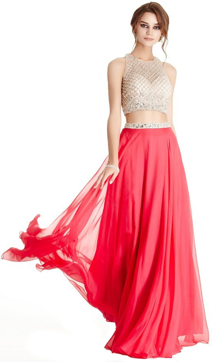Two Piece Embellished Halter Neck Prom Dress
