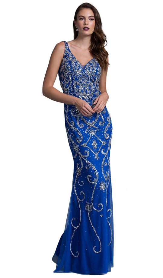 Ornate V-neck Fitted Evening Dress