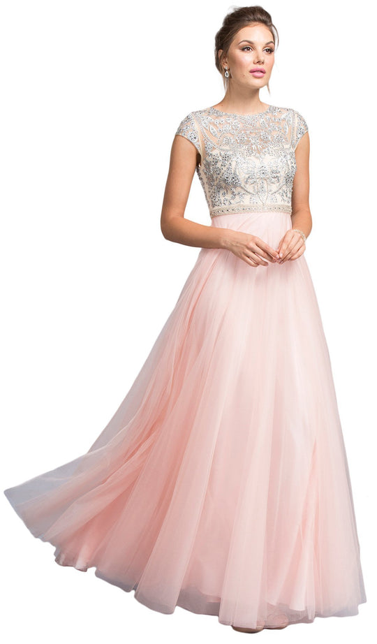 Embellished Cap Sleeve A-line Prom Dress