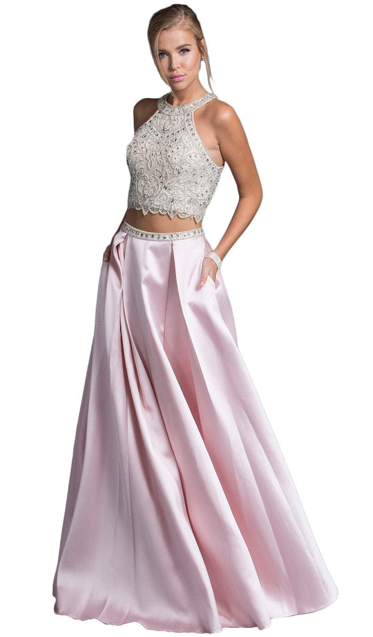Two Piece Bejeweled Halter Prom Gown