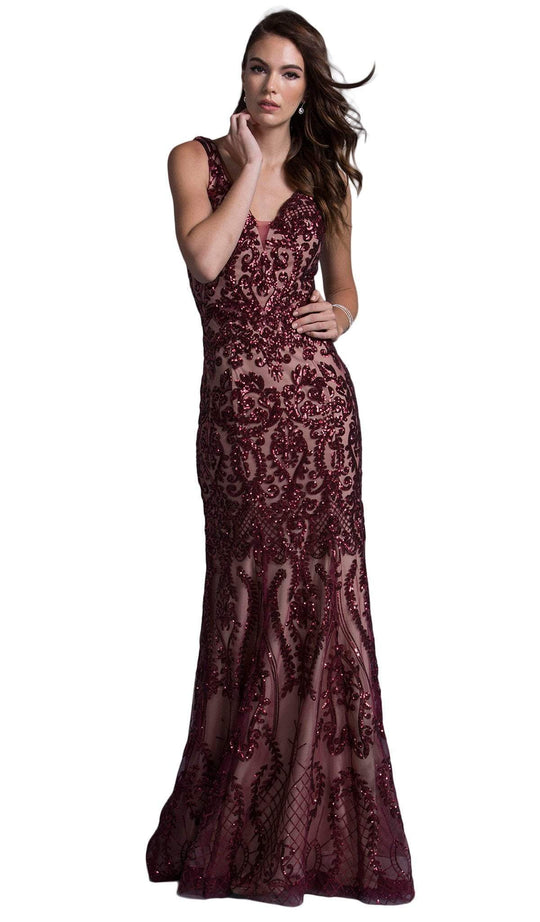 Beaded V-neck Fitted Prom Dress