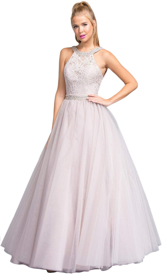 Jeweled Lace Halter Prom Ballgown