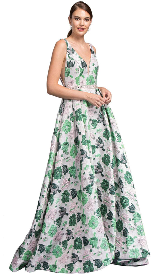 Floral Print Deep V-neck A-line Prom Dress