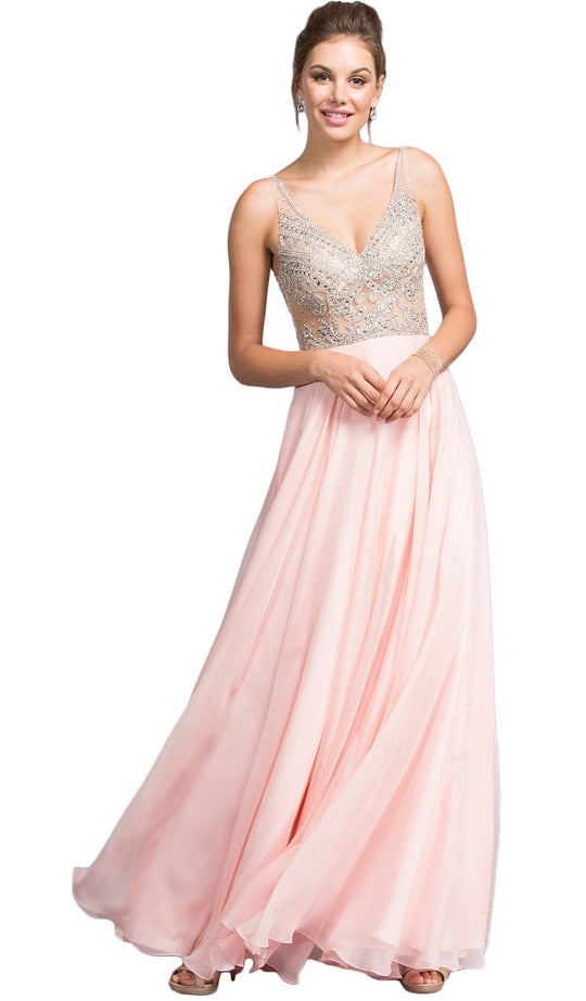 Embellished Plunging V-neck A-line Prom Dress