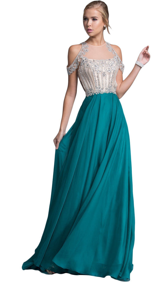 Bedazzled Illusion Halter Prom Dress