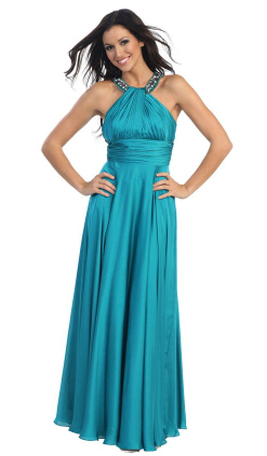 Jeweled Halter Neck Ruched A-line Evening Dress