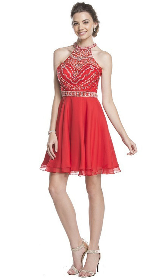 Embellished Sheer Halter A-line Homecoming Dress