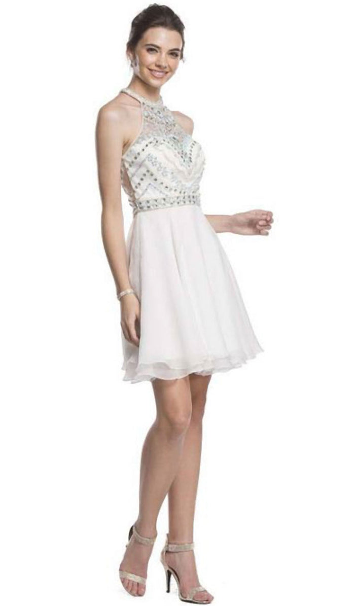 Embellished Sheer Halter A-line Homecoming Dress