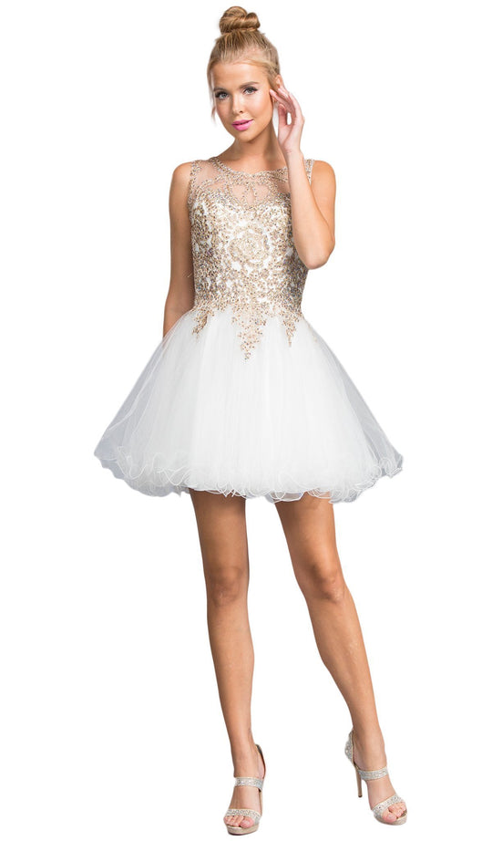 Embroidered Sheer Jewel Homecoming Dress