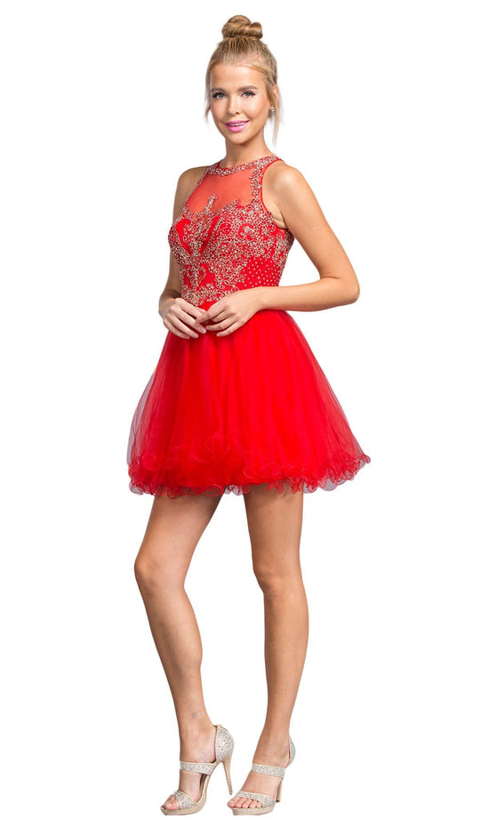 Bedazzled Illusion Halter Homecoming Dress