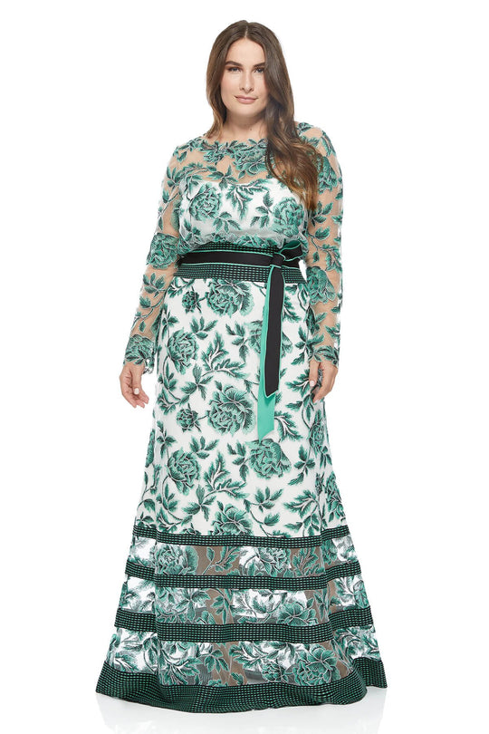 Tadashi Shoji - Sashiko Stitched Peony Motif Gown In Green and White