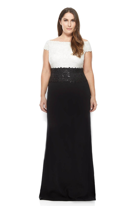 Tadashi Shoji - Sequined Empire Waist Color Block Gown In Black and White