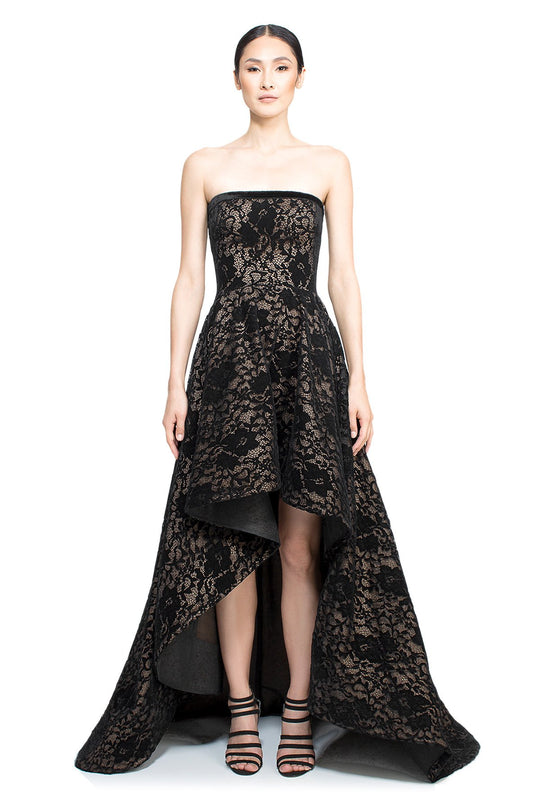 Tadashi Shoji - Strapless Peony Motif High Low Gown In Black and Neutral