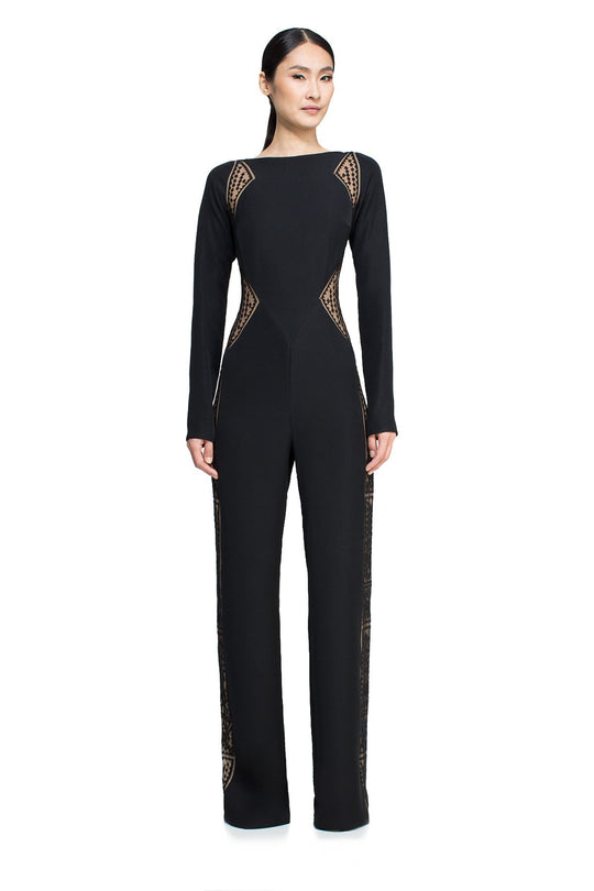 Tadashi Shoji - Long Sleeve Nude Accented Motif Jumpsuit In Black and Neutral
