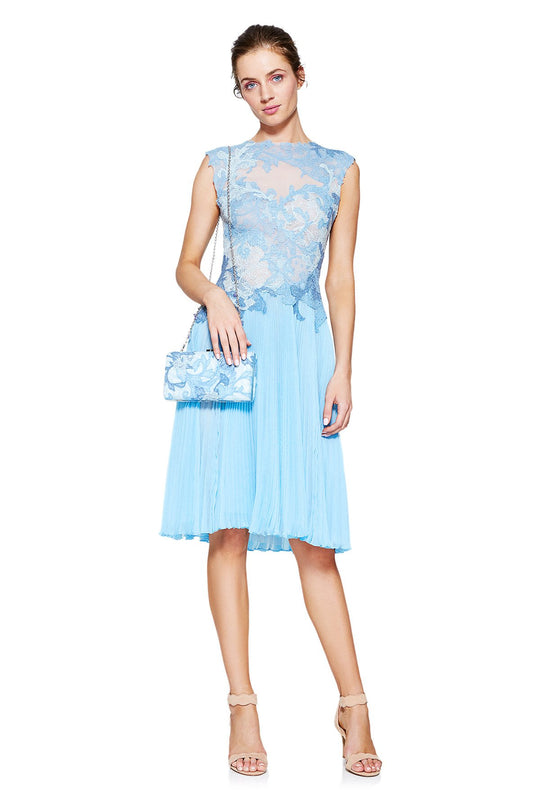 Tadashi Shoji - Aquarelle-Motif Pleated Chiffon Dress In Blue