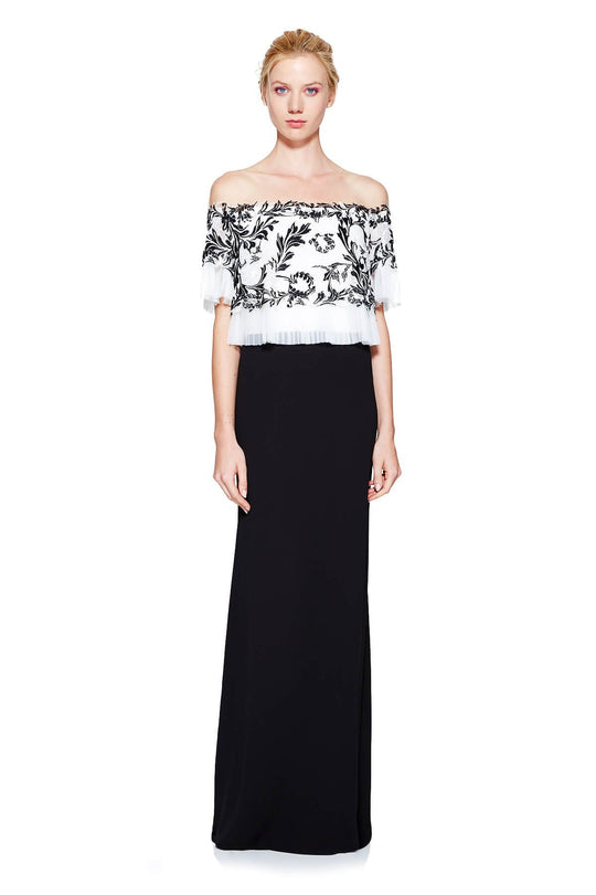 Tadashi Shoji - Contrast Embroidered Floral Crepe Gown In Black and White