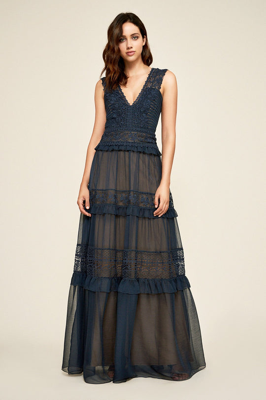 Tadashi Shoji - Anya Ruffle Lace V-neck A-line Gown In Blue and Neutral