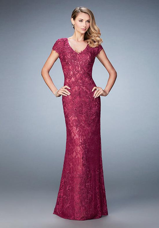 La Femme - 23071 Embroidered V Neck Lace Sheath Long Dress In Red