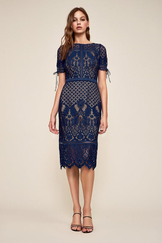 Tadashi Shoji - Lace Applique Bateau Sheath Dress In Blue and Neutral