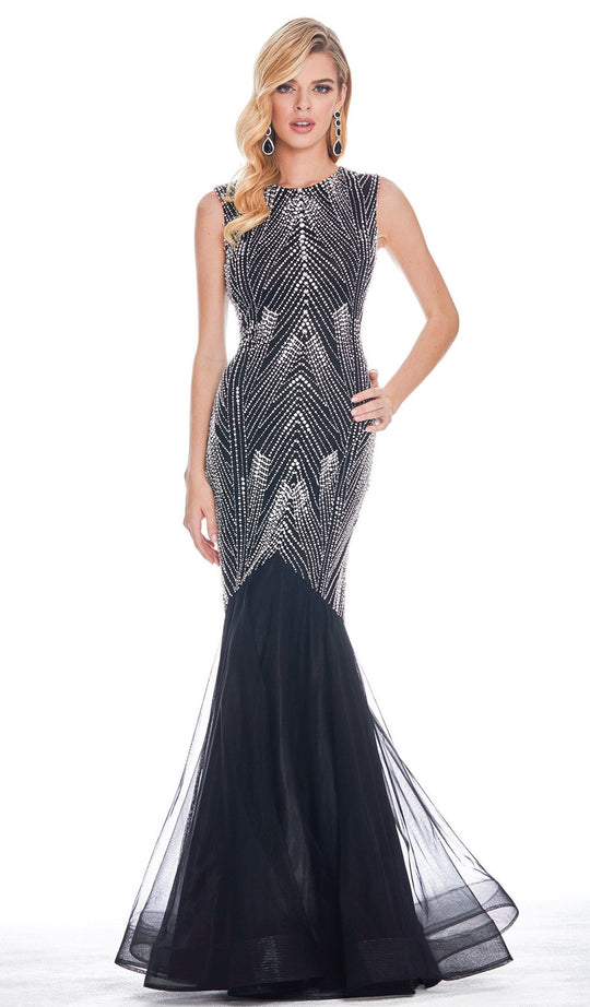 Ashley Lauren - 1444 Bedazzled Jewel Neck Tulle Mermaid Dress In Silver and Black