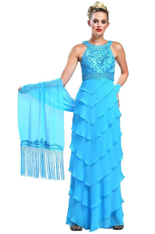 Sue Wong - Embroidered High Neck Chiffon Sheath Dress W5133 in Blue