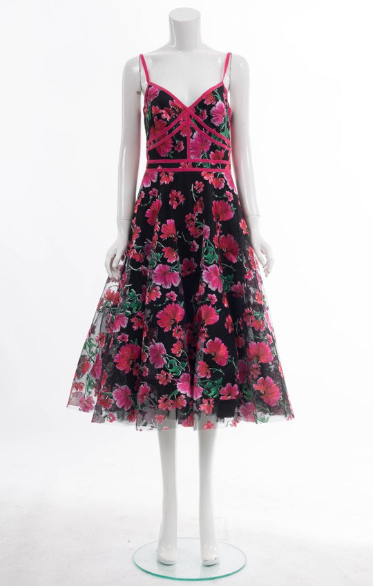 Tadashi Shoji - Floral Printed Sleeveless Tea-Length Dress In Black and Red