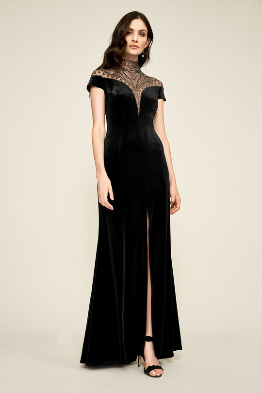 Tadashi Shoji - Esmeralda Embellished High Neck A-line Gown In Black