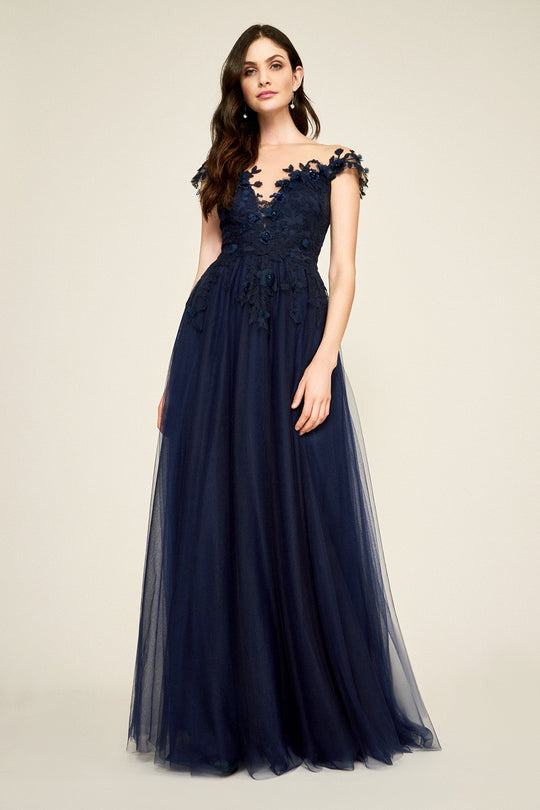 Tadashi Shoji - Emeline Floral Applique Lace A-line Gown In Blue
