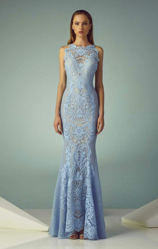 Beside Couture - BC1224 Lace Embroidered Sheath Dress in Blue