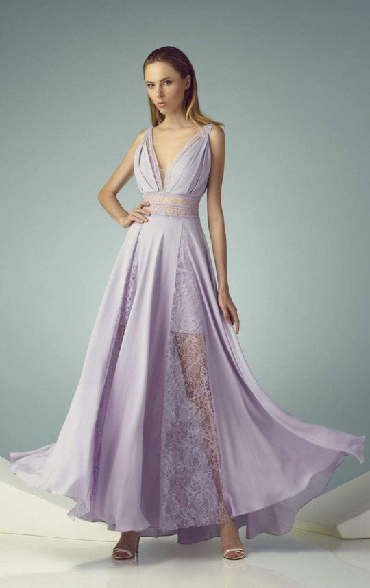 Beside Couture - BC1240 Ruched Plunging Lace Evening Gown in Purple