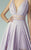 Beside Couture - BC1240 Ruched Plunging Lace Evening Gown in Purple