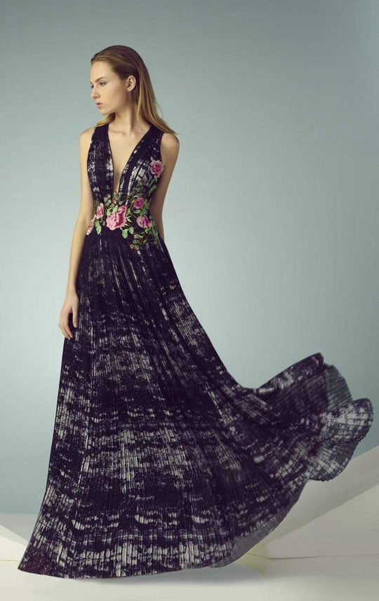 Beside Couture - BC1241 Illusion Plunging Ruched Floral Dress in Black and Pink