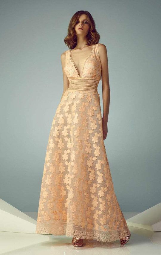 Beside Couture - BC1243 Floral Embellished Plunging Dress in Orange