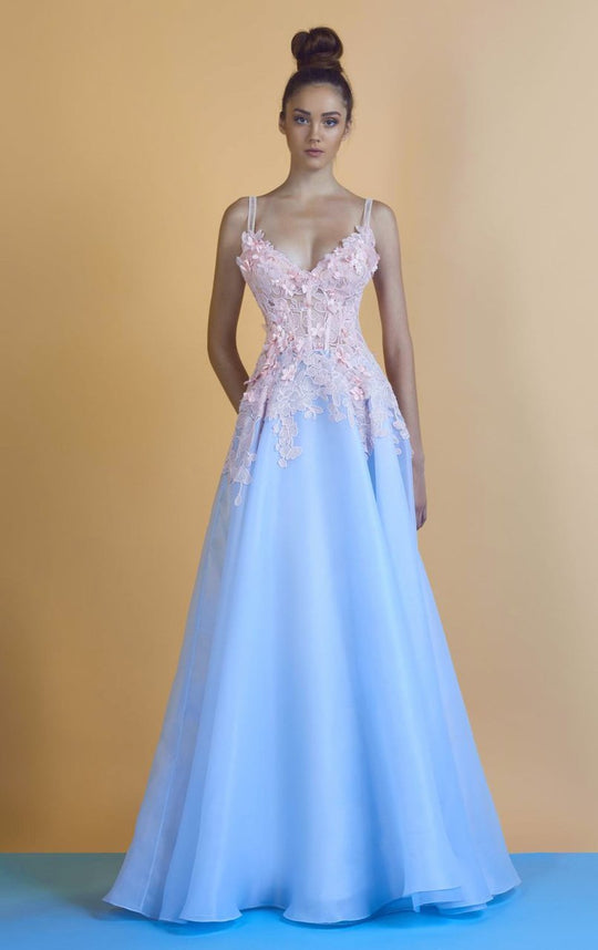 Beside Couture - BC1244 Floral Applique V Neck A Line Dress in Blue and Pink