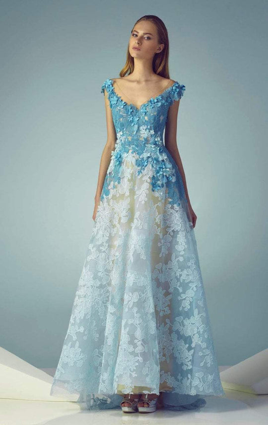 Beside Couture - BC1245 Lace Floral V Neck Cap Sleeves Dress in Blue