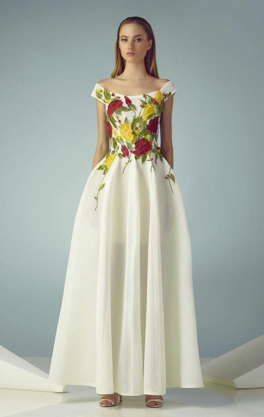 Beside Couture - BC1247 Floral Applique Mesh A-line Dress in White and Yellow and Red
