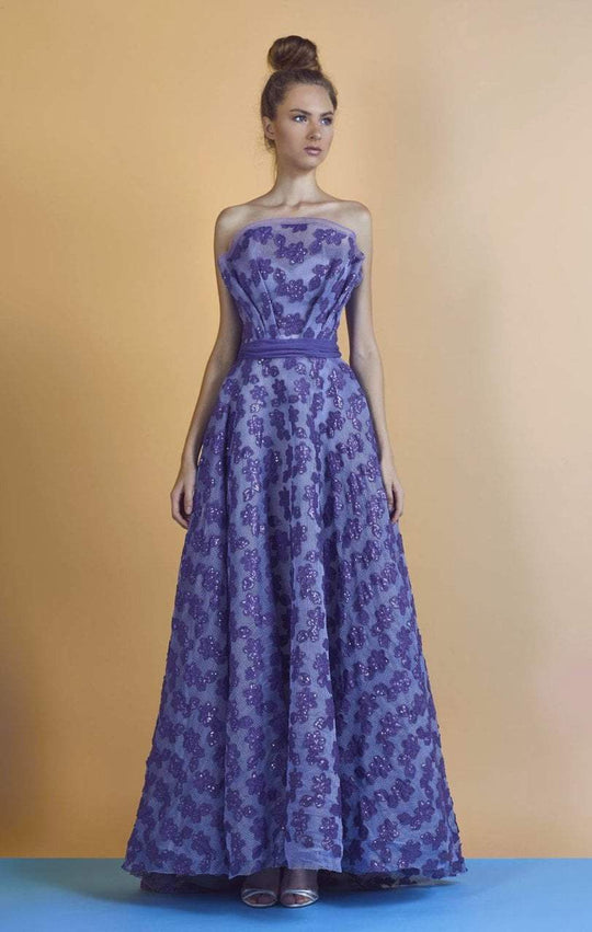 Beside Couture - BC1248 Strapless Floral Applique A-line Dress in Purple