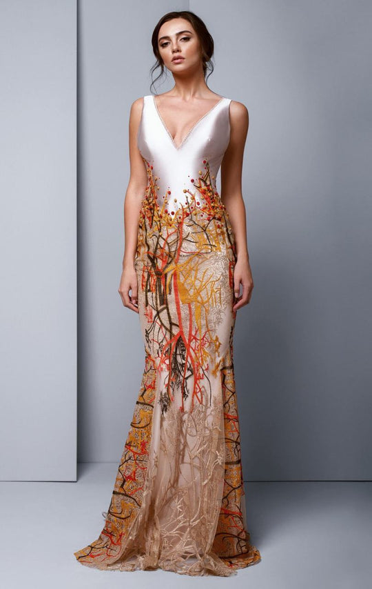 Beside Couture by Gemy - BC1316 Vine Like Embellished Fitted Plunging Gown in Orange and Brown