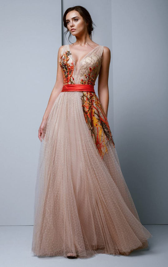 Beside Couture by Gemy - BC1317 Embroidered Ruched A-Line Evening Gown in Neutral and Orange
