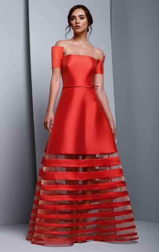 Beside Couture by Gemy - BC1319 Off-Shoulder Fitted A-Line Evening Gown in Red