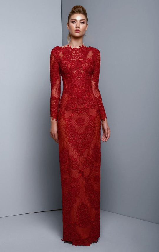 Beside Couture by Gemy - BC1321 Guipure Lace Bateau Long Sleeves Dress in Red