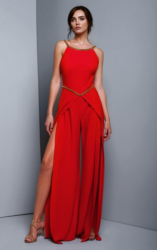 Beside Couture by Gemy - BC1322 Fitted Side Slit Pantsuit with Open Back in Red