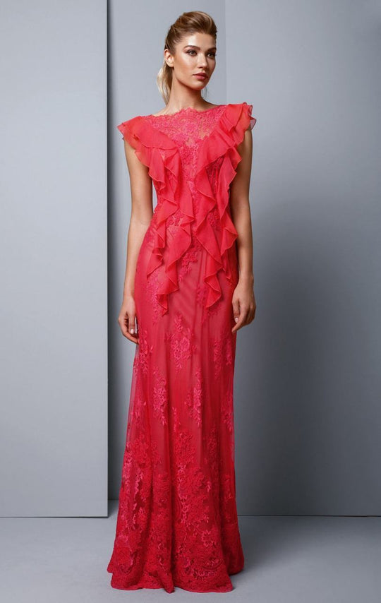 Beside Couture by Gemy - BC1324 Ruffled Lace Bateau Evening Dress in Red