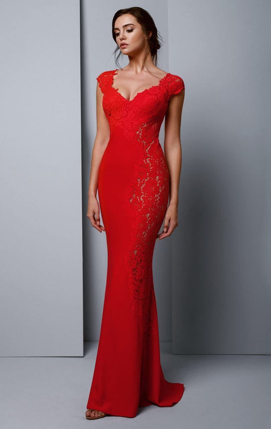 Beside Couture by Gemy - BC1325 Fitted V-Neck Lace Evening Dress in Red
