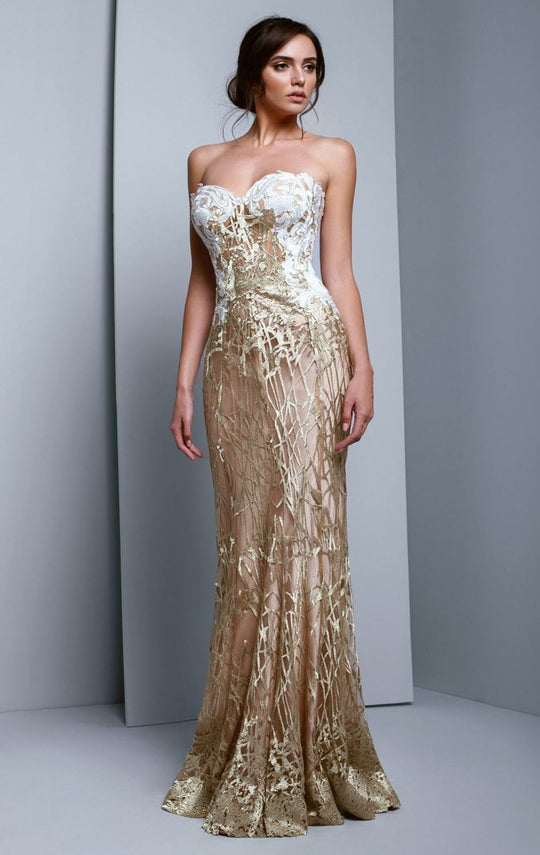 Beside Couture by Gemy - BC1326 Embellished Strapless Sweetheart Evening Gown in Gold and White