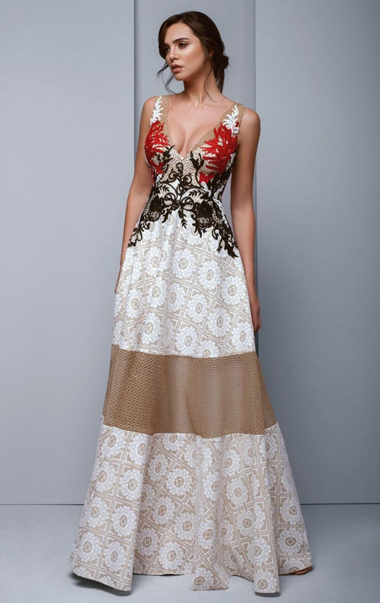 Beside Couture by Gemy - BC1328 Embellished Plunging A-Line Evening Dress in White and Gold